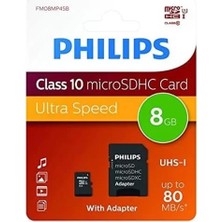 Renas Store Philips 8GB Class10 UHS-I U1 TF Adaptörlü Micro SDHC Hafıza Kartı Suya Dayanıklı Yüksek Performans FM08MP45B/00
