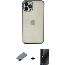Marsilyan™- iPhone 12 Pro Kılıf Vadi Minimal - Siyah 3D Antistatik Hayalet Cam Ekran Koruyucu + Kırmızı Metal Kamera Lens Koruma Cam