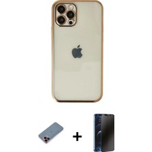 Marsilyan™- iPhone 12 Pro Kılıf Vadi Minimal - Siyah 3D Antistatik Hayalet Cam Ekran Koruyucu + Kırmızı Metal Kamera Lens Koruma Cam
