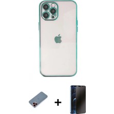 Marsilyan™- iPhone 12 Pro Kılıf Vadi Minimal - Siyah 3D Antistatik Hayalet Cam Ekran Koruyucu + Kırmızı Metal Kamera Lens Koruma Cam