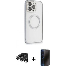 Marsilyan™- iPhone 15 Pro Kılıf Ahenk Işık Serisi - Siyah 3D Antistatik Hayalet Cam Ekran Koruyucu + Gümüş Raze Metal Kamera Lens