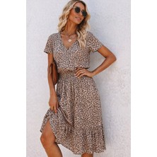 Emh Store Kadın Kısa Kollu V Yakalı Beli Lastikli Midi Süprem Elbise