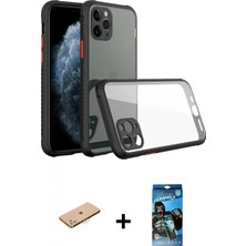 Marsilyan™- iPhone 11 Pro Max Kılıf Nova Asil Özel Seri - Siyah 34D Izgaralı Cam + Pembe Renkli Kamera Lens Koruma Cam