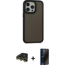 Marsilyan™- iPhone 13 Pro Max Kılıf Eksen Işık - Siyah 3D Antistatik Hayalet Cam Ekran Koruyucu + Gold Raze Metal Kamera Lens