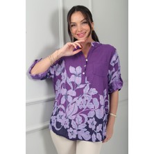 By Saygı Kadın Üç Düğme Detaylı Çiçek Desenli Tek Cepli Italyan Cotton Oversize Bluz
