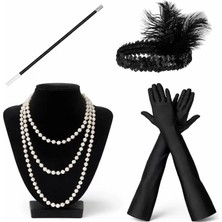 Pileli Store Pilelistore- 1920’LER Çarliston Aksesuar Seti – Inci Kolye, Eldiven, Sigara Tutucu, Siyah Saç Bandı