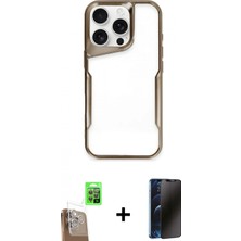 Marsilyan™- iPhone 16 Pro Kılıf Akış Çizgi Koleksiyonu - Siyah 3D Antistatik Hayalet Cam Ekran Koruyucu + Çöl Titanyum Raze Metal Kamera Lens