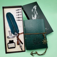 Nemere Deri Defter ve Tüylü Mürekkepli Kalem Seti Yeşil