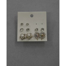 .kadın Çoklu Küpe Seti - Incili ve Kristal Taşlı 5'li Kombin Küpe