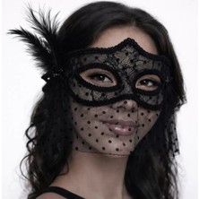 Pileli Store Pilelistore- Siyah Dantel Tüllü Peçeli Parti Maskesi - Tüylü Inci Detaylı