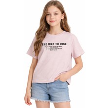 İrem Çocuk Giyim Kız Çocuk The Way Yazılı Kendinden Simli Kumaş Pembe Renk Kısa Kol Tişört
