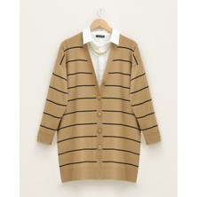 Moda Morfo Düğmeli Uzun Triko Hırka -Vizon