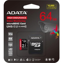  adata 64 gb high endurance microsdxc 4k u3 v30 a2 hafıza kartı
