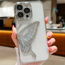 Coverzone iPhone 17 Pro ile Uyumlu 3D Kelebekli Sıvılı Simli Şeffaf Gümüş Çerceve Lunaflow Telefon Kılıfı Kamera Lens Korumalı Lüks Parlak Koruyucu Kapak