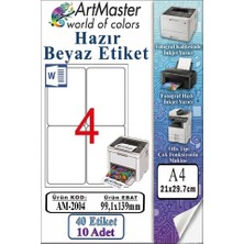ArtMaster A4 Hazır Beyaz Etiket 99.1X139MM 10 Sayfa 1 Paket 4 Lü Kendinden Yapışkanlı Fotokopi Lazer Inkjet Kağıdı Yazıcılar Ile