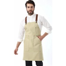 Bilenn Tekstil Barista Askılı Önlük Kanguru Cepli Deri Kemerli - Bej