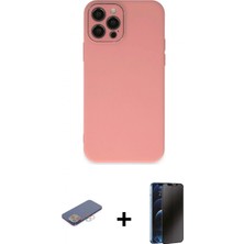 Marsilyan™- iPhone 12 Pro Kılıf Çekirdek Modern Serisi - Siyah 3D Antistatik Hayalet Cam Ekran Koruyucu + Pembe Renkli Kamera Lens Koruma Cam