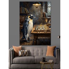 Karizma Tablo Satranç Oynayan Entelektüel Penguen Figürü Dekoratif Kanvas - Mdf Ahşap Tablo