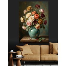 Karizma Tablo Turkuaz Vazoda Şık Çiçek Buketi Dekoratif Kanvas - Mdf Ahşap Tablo
