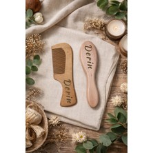 Isme Özel %100 Doğal Keçi Kılı Bebek Saç Fırçası ve Kayın Ahşap Şimşir Tarak + Bez Kese Hediyeli