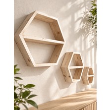 Nest Woodtr Doğal Çam Ahşap Altıgen 3'lü Dekoratif Raf Üçlü Set