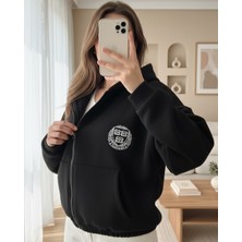 Moda Morfo Eteği Lastikli Kapşonlu Yazılı Sweat -Siyah