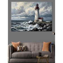 Karizma Tablo Fırtınalı Denizde Beyaz Deniz Feneri Dekoratif Kanvas - Mdf Ahşap Tablo