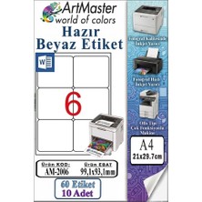 ArtMaster A4 Hazır Beyaz Etiket 99.1X93.1MM 10 Sayfa 6 Lı 1 Paket Kendinden Yapışkanlı Fotokopi Lazer Inkjet Kağıdı Yazıcılarla
