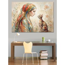 Karizma Tablo Kediyle Bakışan Geleneksel Kıyafetli Kadın Dekoratif Kanvas - Mdf Ahşap Tablo