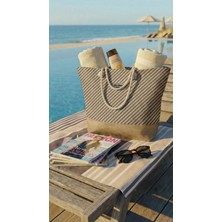 Miami Beach Keten Dokulu Jüt Parçalı Krem-Bej Rengi Astarlı Geniş Hacimli Kadın Plaj Çantası