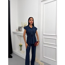 My Lunessa Vatka Omuzlu Lacivert Regular Fit Beli Büzgülü Kısa Kollu Kadın Takım