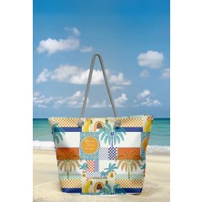 Miami Beach Tropikal Patchwork Desenli Geniş Hacimli Astarlı Kadın Plaj Çantası