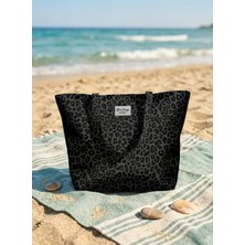 Miami Beach Leopar Desenli Siyah Parçalı Kendinden Saplı Astarlı Kadın Plaj Çantası