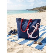 Miami Beach Çapa Desenli Lacivert Geniş Hacimli Astarlı Kadın Plaj Çantası