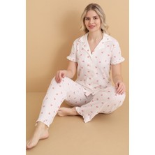Mirano Mrn 3854 Gül Desenli Bürümcük Gömlek Yaka Düğmeli Kısa Kollu Kadın Pijama Takımı