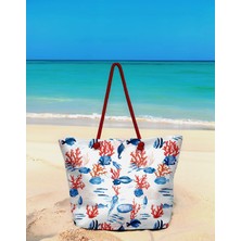 Miami Beach Balık ve Mercan Desenli Beyaz Geniş Hacimli Astarlı Kadın Plaj Çantası