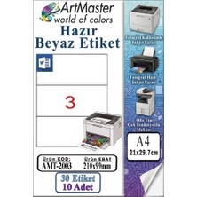 ArtMaster A4 Hazır Beyaz Etiket 210X99 mm 10 Sayfa 1 Paket 3 Lü Kendinden Yapışkanlı Fotokopi Lazer Inkjet Kağıdı Yazıcılar Için