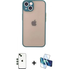 Marsilyan™- iPhone 14 Kılıf Ahenk Çizgi Serisi - Siyah 3D Antistatik Cam Ekran Koruyucu + Yeşil Shine Kamera Lens