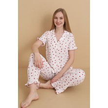 Wordex Mirano 3852 Kalp Desenli Bürümcük Gömlek Yaka Düğmeli Kısa Kollu Kadın Pijama Takımı