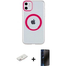 Marsilyan™- iPhone 11 Kılıf Pusula Form - Siyah 3D Antistatik Hayalet Cam Ekran Koruyucu + Pembe Renkli Kamera Lens Koruma Cam