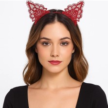 Nemere Dantelli Kırmızı Kedi Tacı - Vintage Tarz Dantel Kedi Kulak