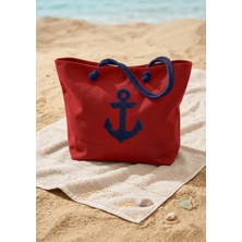 Miami Beach Marin Çapa Nakışlı Kırmızı Astralı Geniş Hacimli Kadın Plaj Çantası