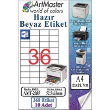 ArtMaster A4 Hazır Beyaz Etiket 52.5X33MM 10 Sayfa 1 Paket 36 Lı Kendinden Yapışkanlı Fotokopi Lazer Inkjet Kağıdı Yazıcılar Için