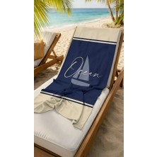 Miami Beach Ocen Sloganlı Lacivert Krem Yüksek Su Emicili 70X150CM Plaj Havlusu