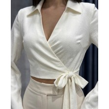 Salome Butik Kadın Kruvaze Yaka Crop Bluz Gömlek