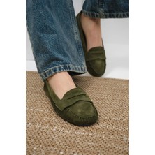 Mio Gusto Capri Hakiki Süet Haki Renk Kadın Loafer Ayakkabı