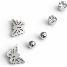 Serelya 316L Çelik Gümüş Renk Zirkon Taşlı Kelebek Figürlü 3’lü Kadın Küpe Seti