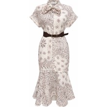 Mixray 4882 Kadın Şal Desen Kemerli Bağlamalı Midi Elbise Ekru