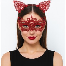 Lüks Kırmızı Dantel Taçlı Maske Seti 2 No - Parti, B, Kostüm Aksesuarı