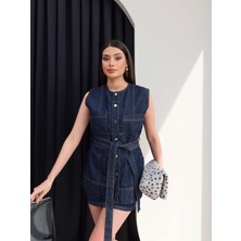 Esra Helvacı Denim Kuşaklı Yelek Etek Takım